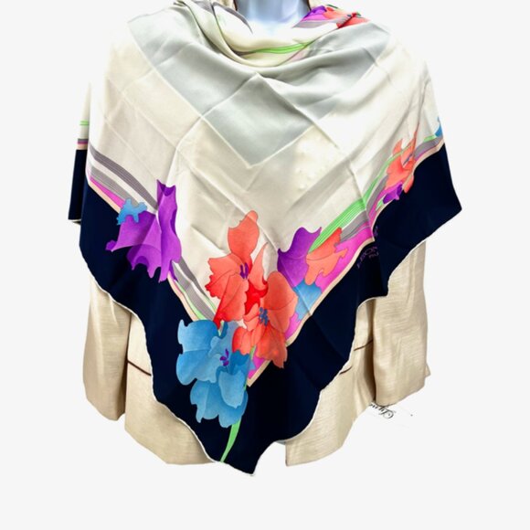 Leonard Paris 100% Silk Scarf 33" Ivery Blue pink purple green floral (79 - Picture 3 of 15